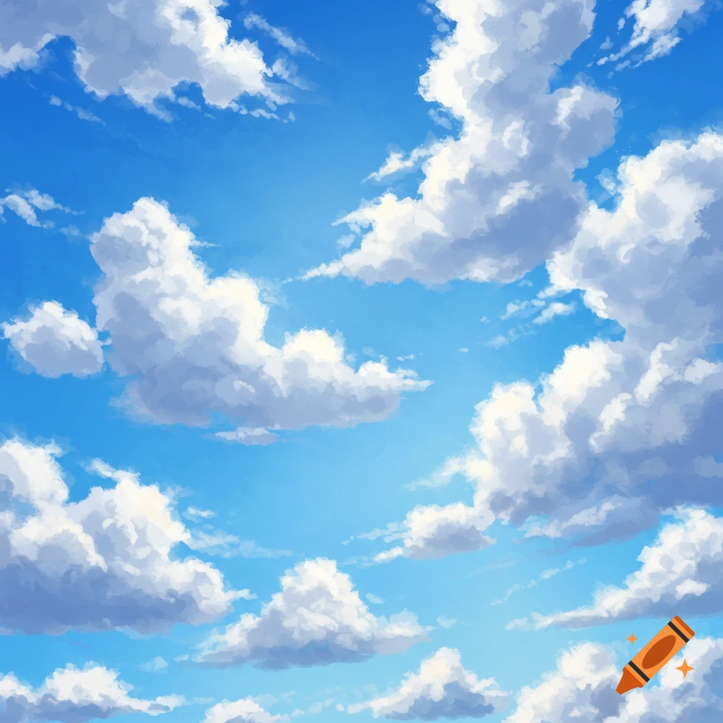 A bright blue sky filled with fluffy white clouds.