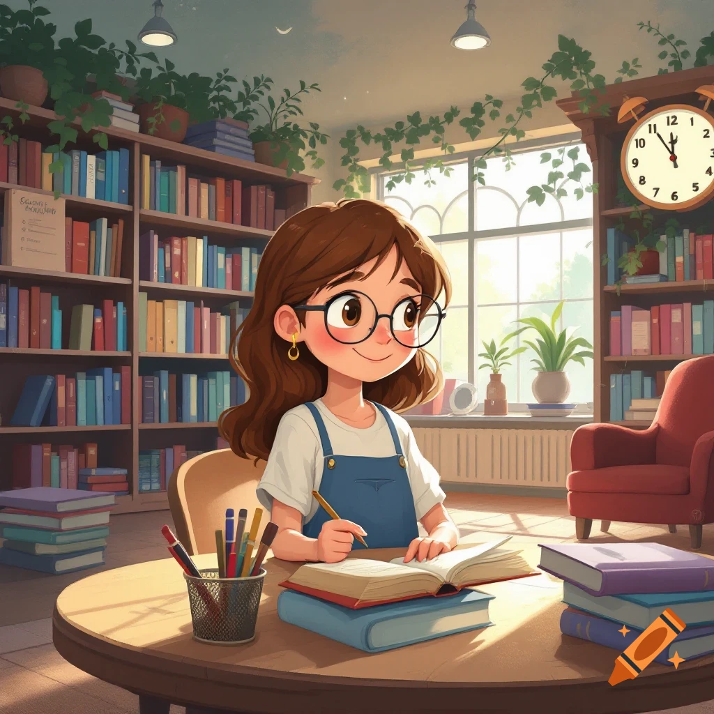 A young girl studying in a library.