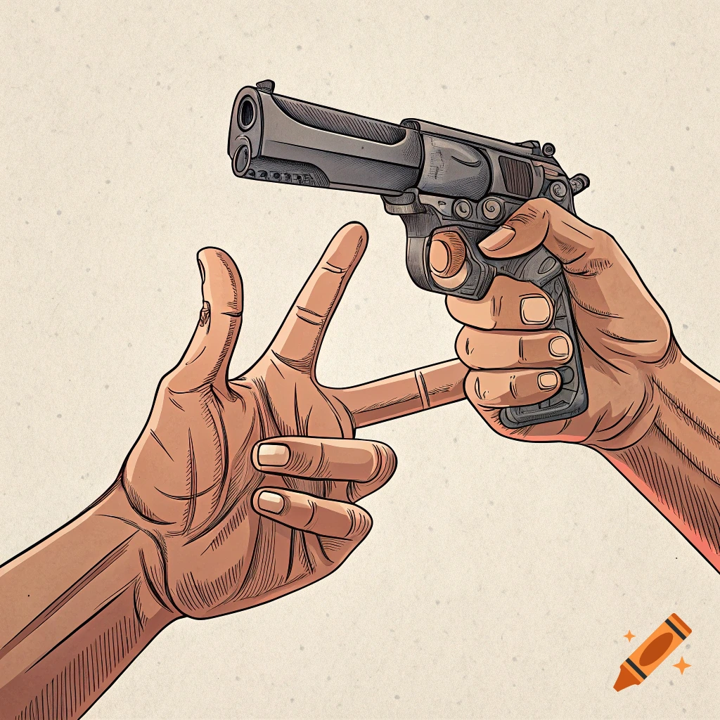 Illustration of two hands, one holding a pistol, the other forming a finger gun with two fingers.