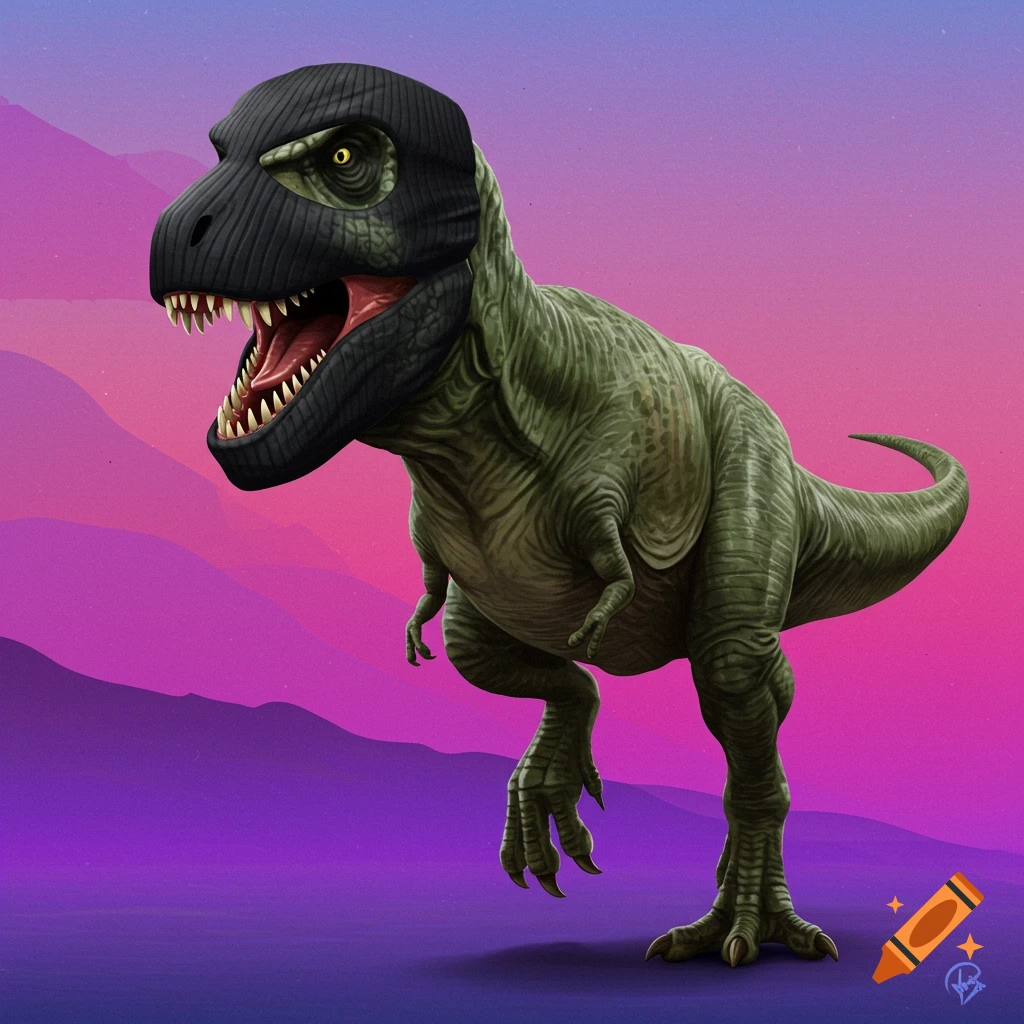 A T-Rex wearing a black ski mask stands against a gradient background.