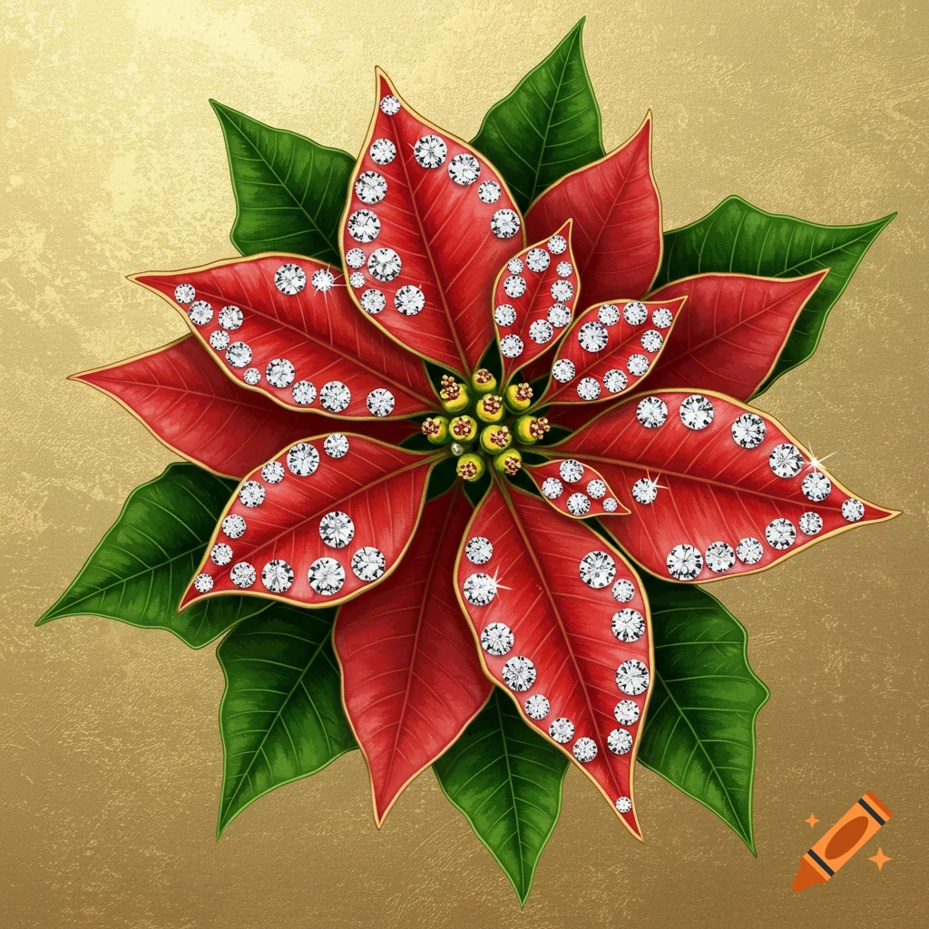 A poinsettia flower adorned with diamonds on a gold background.