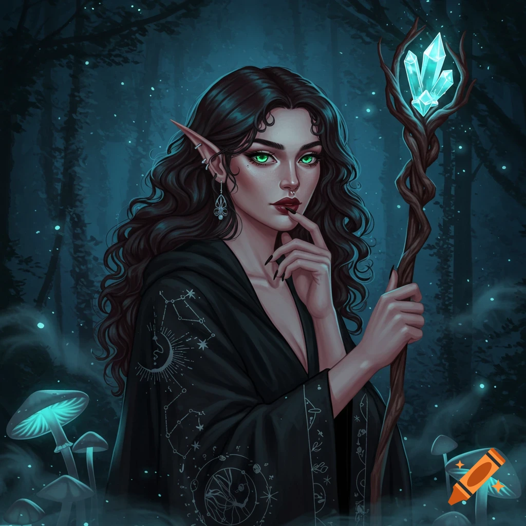 A fantasy character with pointed ears and glowing eyes, holding a staff with crystals, in a dark forest with glowing mushrooms.