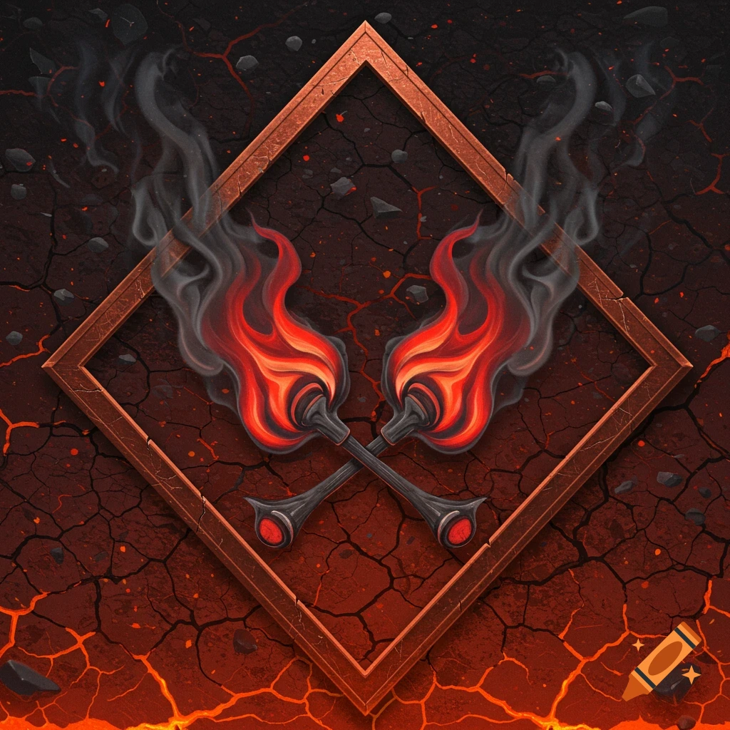 Crossed flaming torches inside a diamond border against a cracked lava background, digital art.