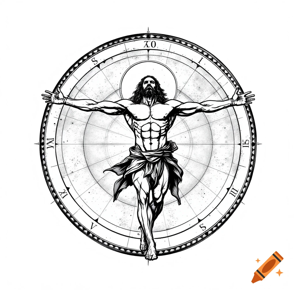 Black and white drawing of a muscular Jesus figure like Vitruvian Man in a circular design.