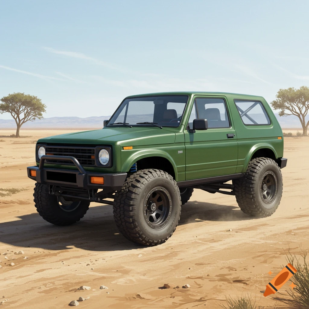 A green off-road SUV parked in a sandy desert landscape.