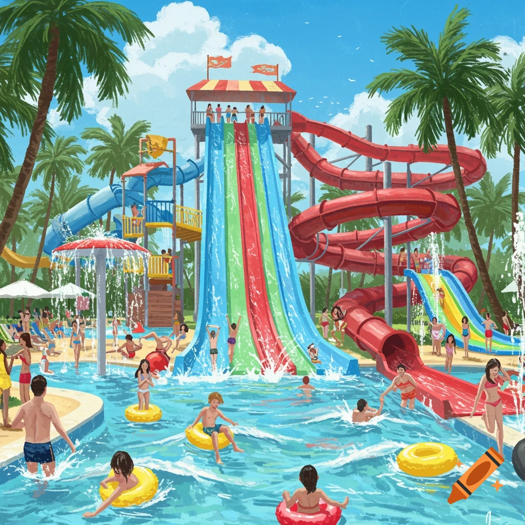 A vibrant waterpark with slides, pools, palm trees, and people swimming