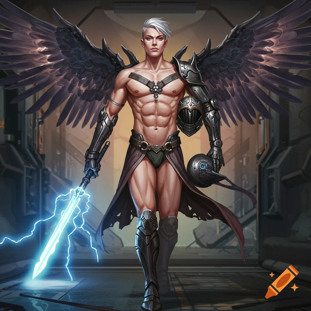 A muscular male character with large black wings and futuristic armor holds an energy sword in a sci-fi corridor.