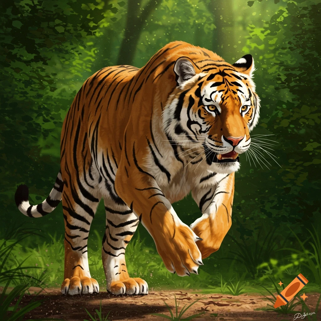 A tiger runs through a forest.