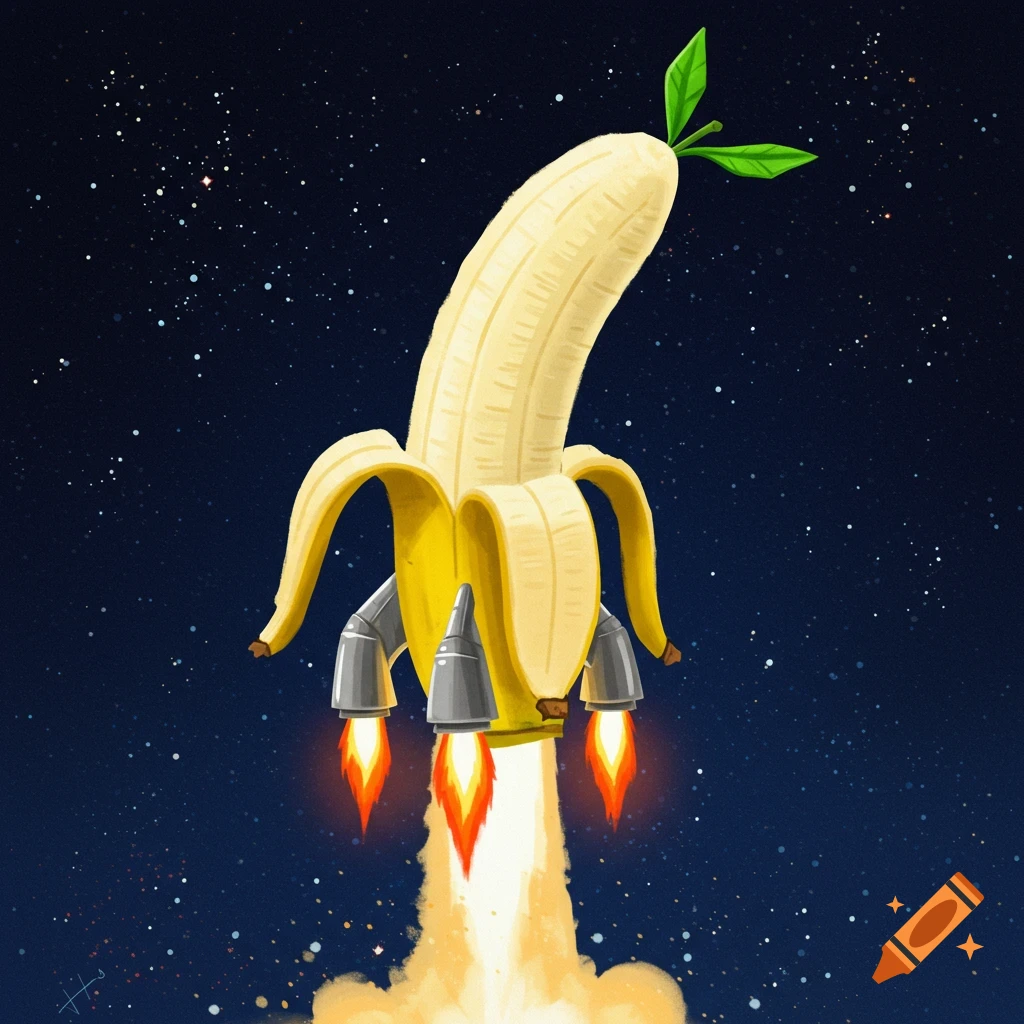 A banana rocket ship launches into space with peeling skin and glowing engines.