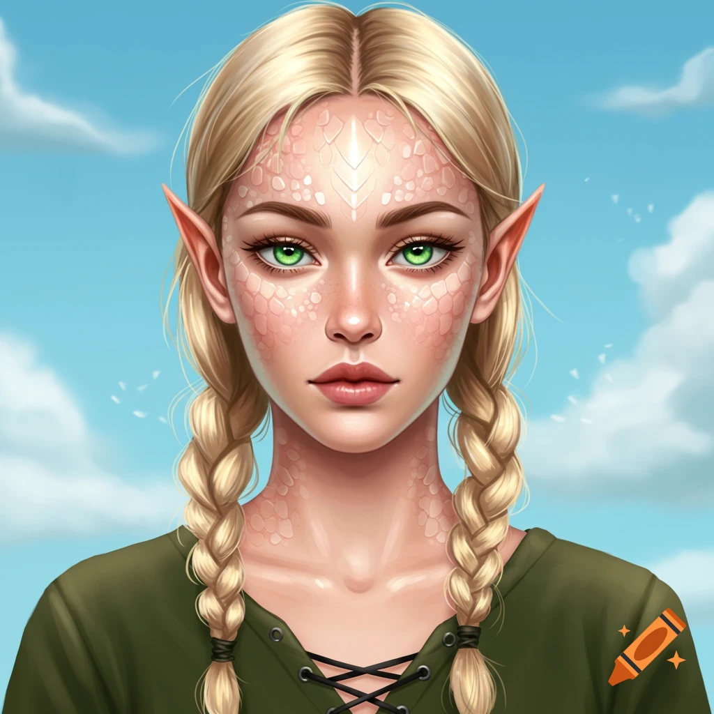 Portrait of a fantasy female with blonde braids, green eyes, pointed ears, and light dragon scales.
