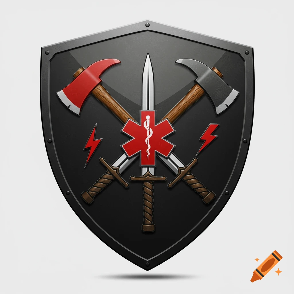 A black shield with crossed axes and sword, lightning bolts, and a red medical Star of Life emblem.