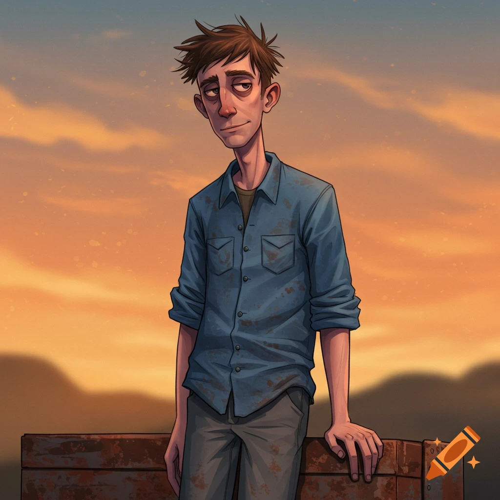 A stylized image of a lazy, lanky man standing outdoors at sunset.
