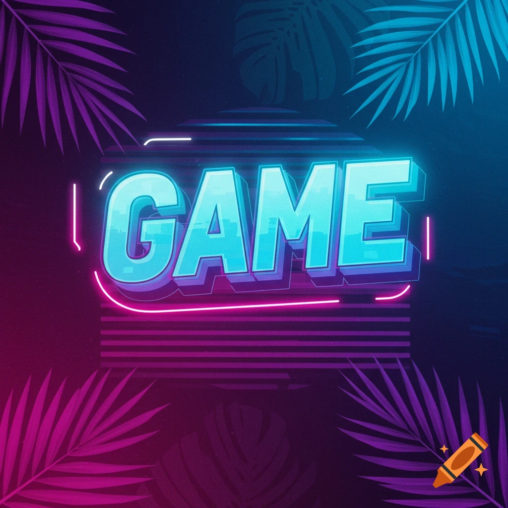 Neon text 'GAME' with tropical leaves and lights.