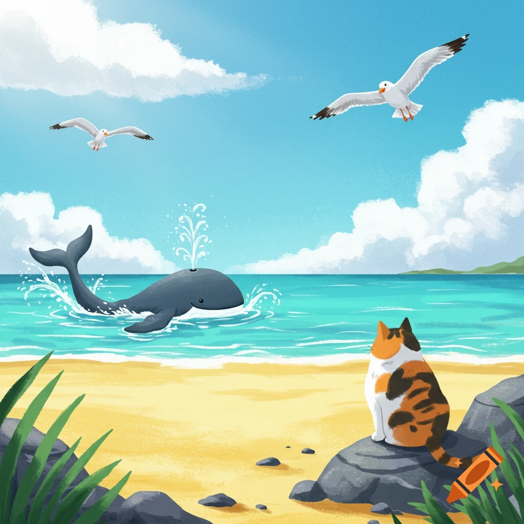 A calico cat watches a whale spout water at a cartoon beach.