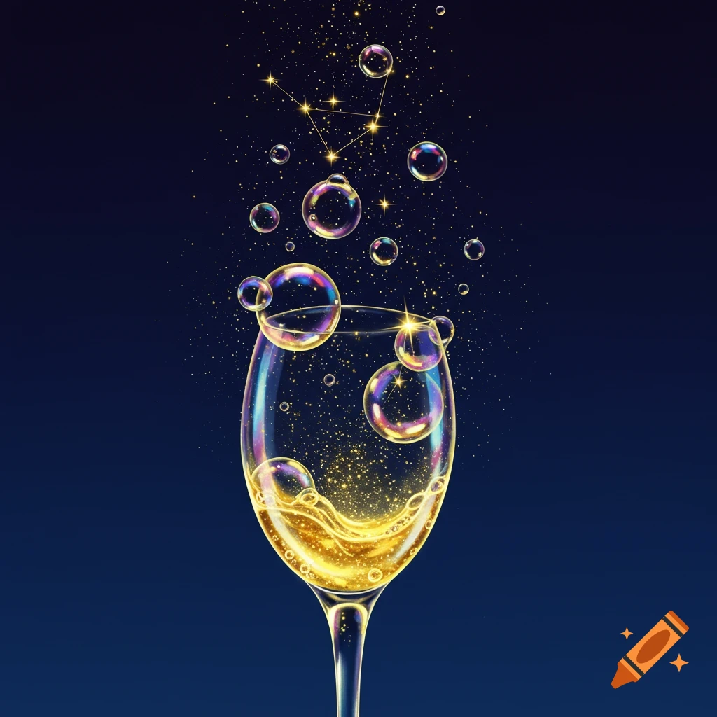 Champagne bubbles rise from a glass and transform into stars and a constellation.