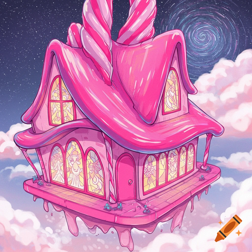 A pink candy house floats on clouds in a starry night sky.