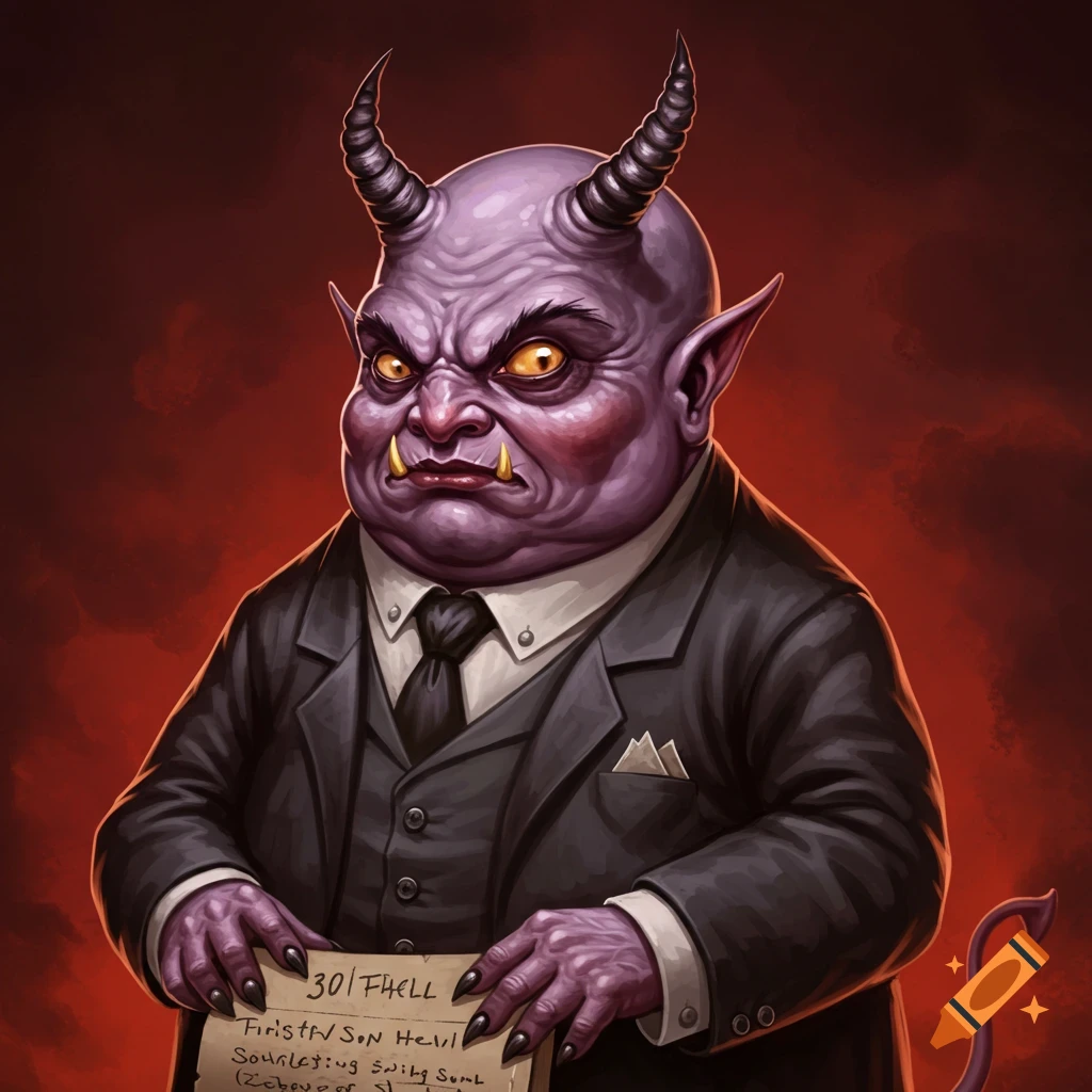 A short, purple, fat devil in a suit holding a piece of paper.