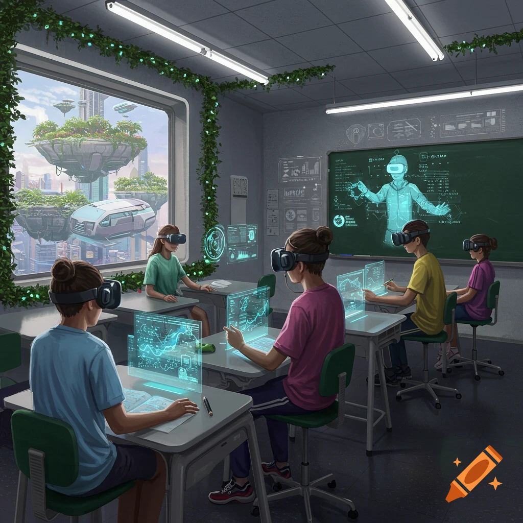 Children in a futuristic classroom using VR and holographic screens, looking out at floating islands.
