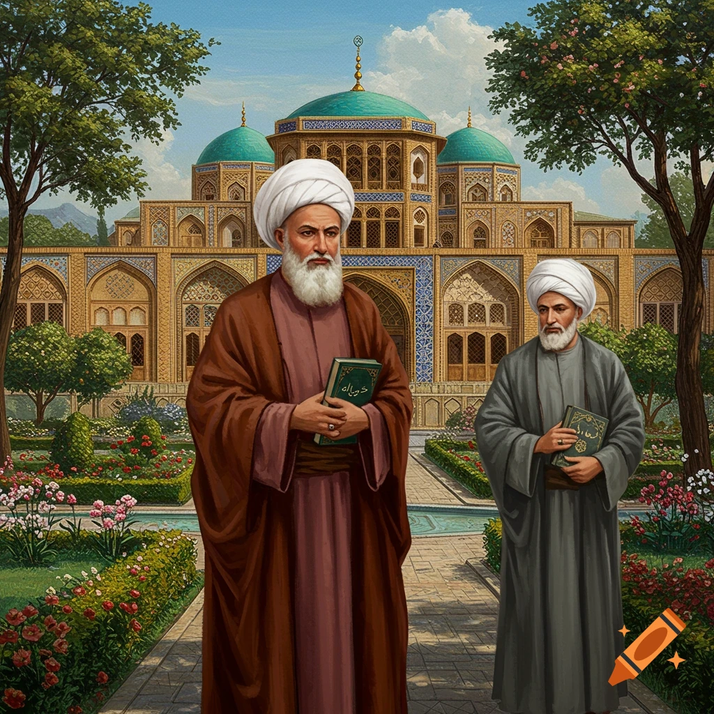 Two men in traditional robes and turbans holding books, standing in a garden in front of a mosque or palace.