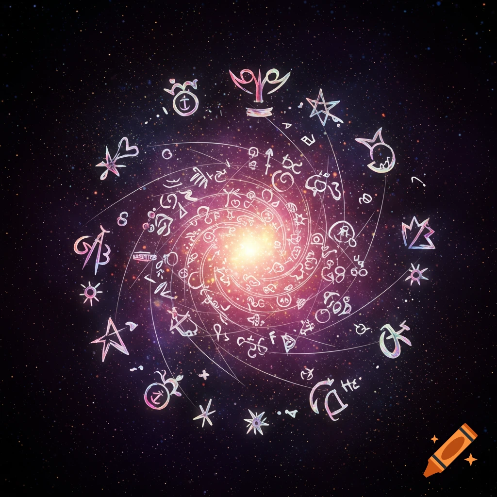 Magic symbols and glyphs spiraling in a galaxy against a starry space background.