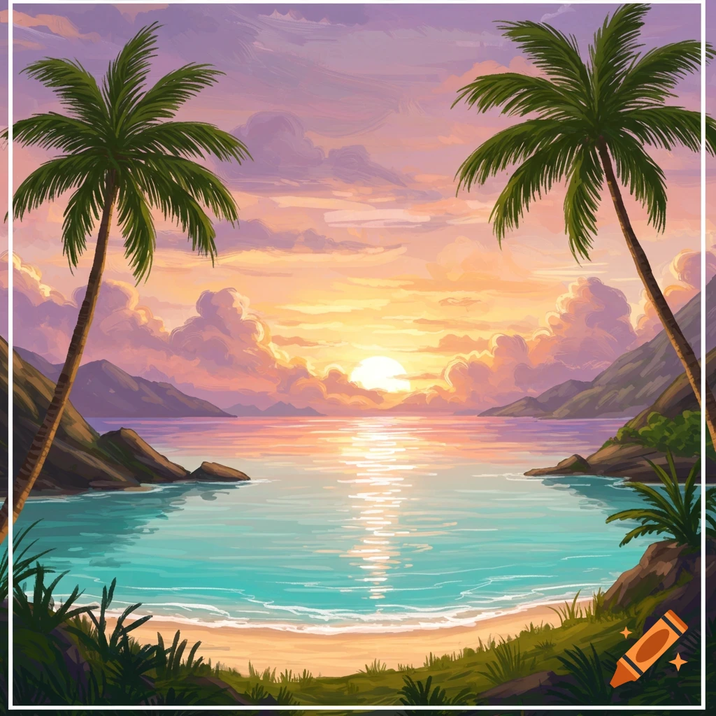 Pixel art beach sunset with palm trees and seagulls on Craiyon