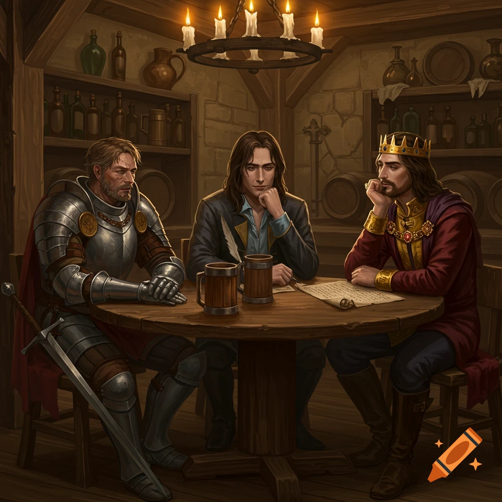 A soldier, poet, and king sit at a table in a fantasy tavern.
