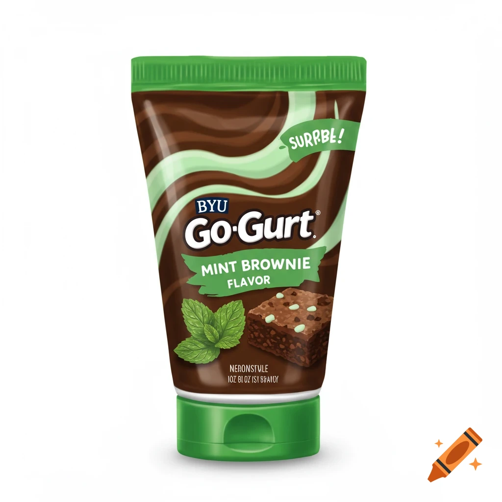 A tube of BYU Go-Gurt in a mint brownie flavor. The packaging is green and brown and features illustrations of mint leaves and brownie pieces.