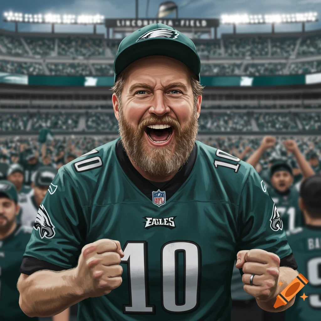 An excited Philadelphia Eagles fan cheering in a stadium.