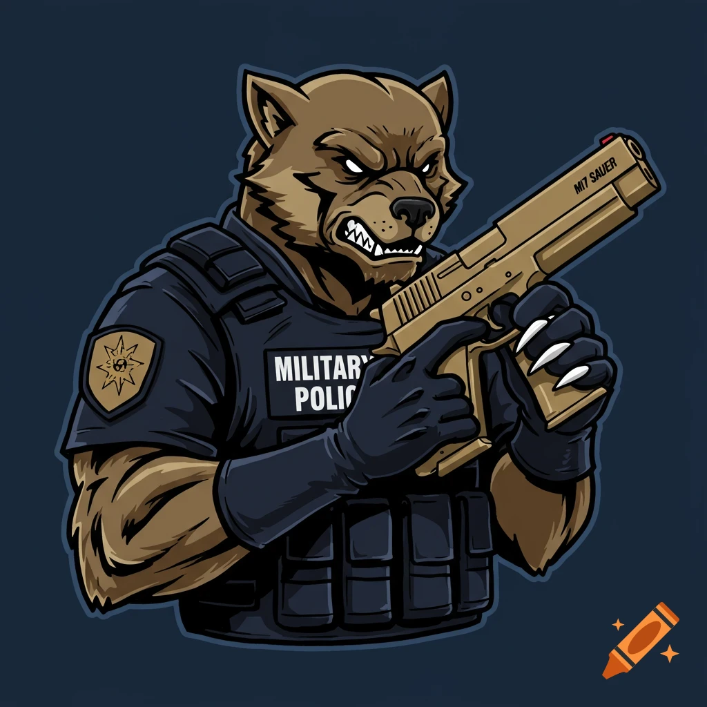 Cartoon mascot logo of an angry anthropomorphic wolverine wearing military police gear and holding a pistol.