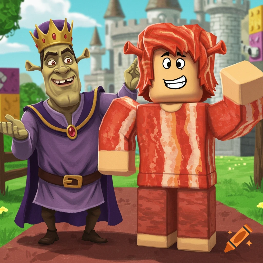 A crowned character resembling Shrek stands outside a castle with a Roblox character in a bacon costume.