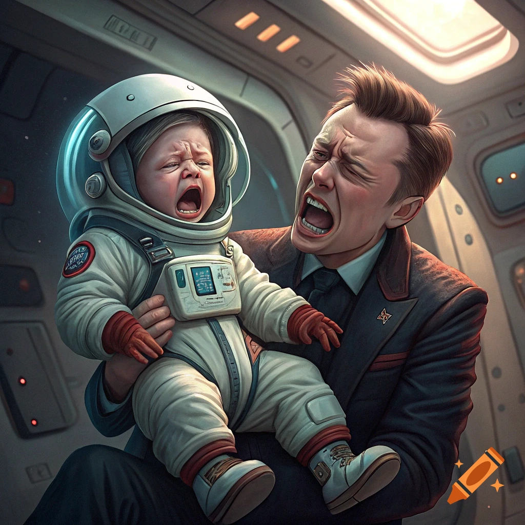 Baby in astronaut suit cries intensely while a man holds him with an angry face inside a spaceship.