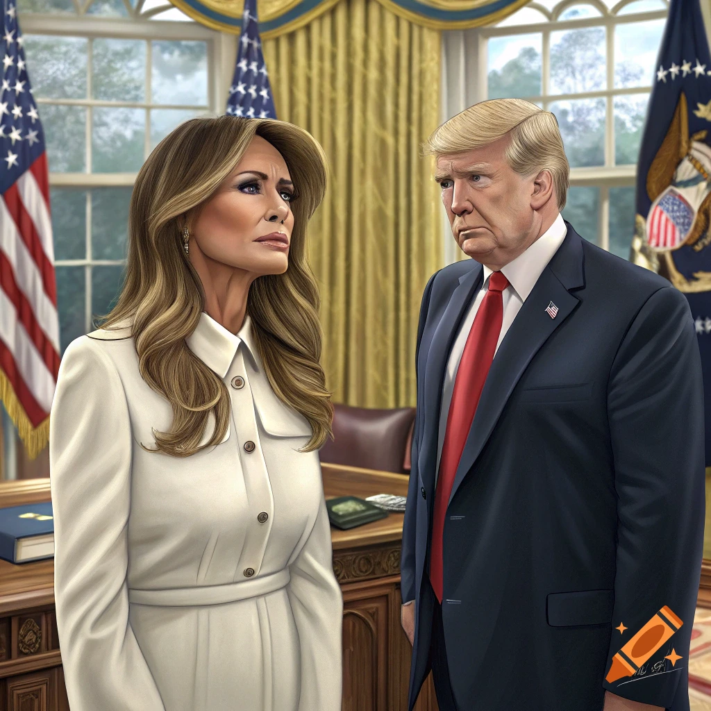 Painting of Melania and Donald Trump standing in the Oval Office.