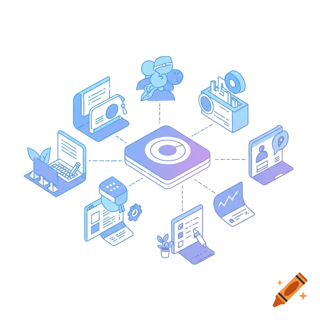 Isometric illustration of technology and business icons connected to a central hub on a white background.