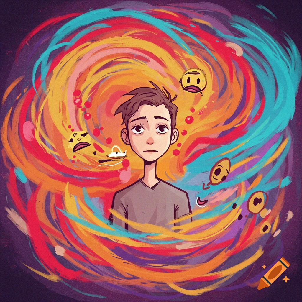 Digital illustration of a person looking overwhelmed by swirling colors and strange floating faces