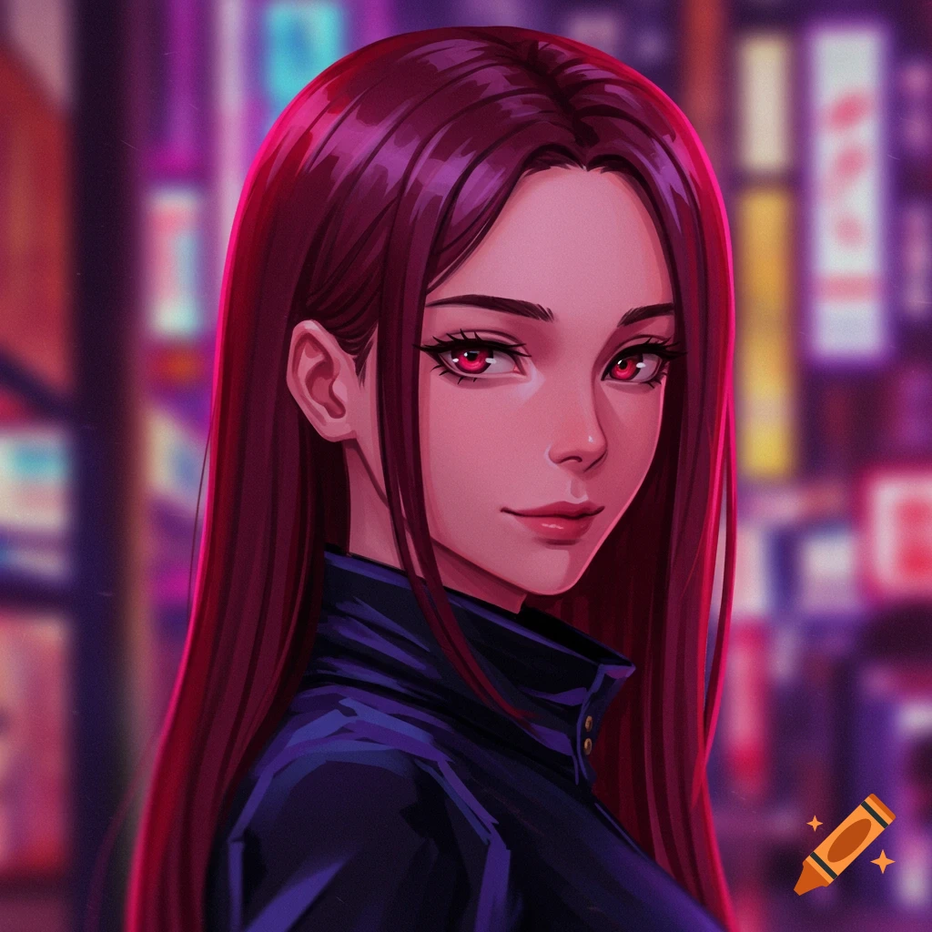 Anime style portrait of a young woman with red hair and red eyes against blurry neon lights.