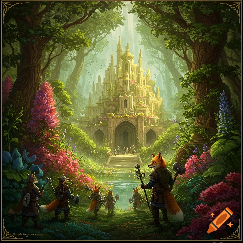 Anthropomorphic foxes in Viking gear approaching a grand castle in a lush forest.