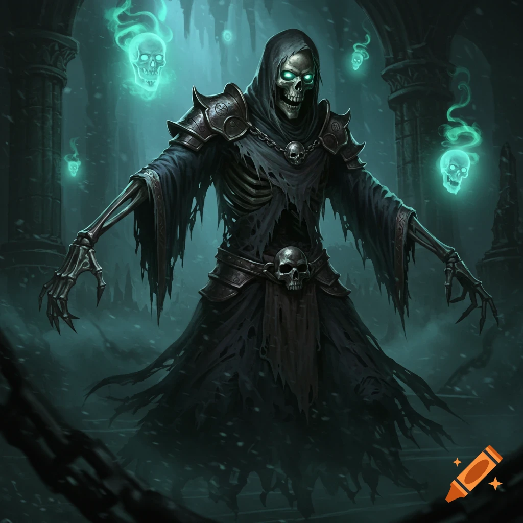 A skeletal lich in dark robes with glowing green eyes stands in a ruinous hall with floating green skulls.