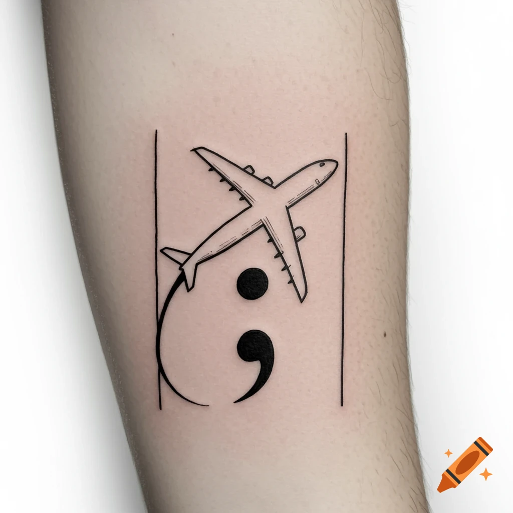 A black and white tattoo on an arm depicting an airplane creating a semicolon trail