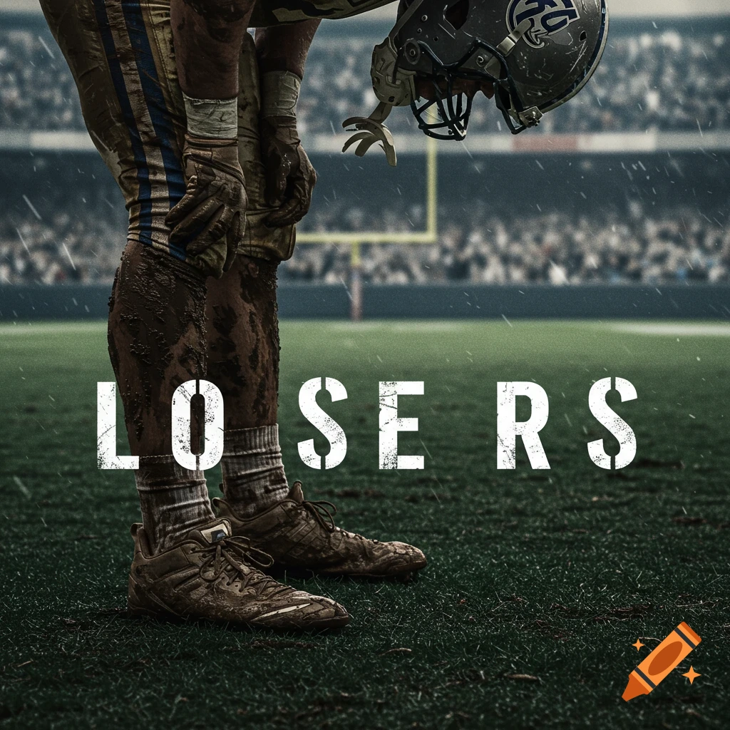 A muddy football player stands on a field with the word LOSERS in large letters.