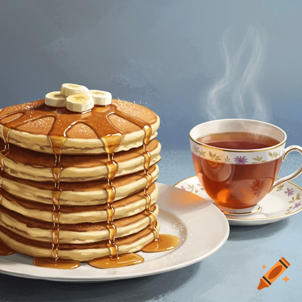 A tall stack of pancakes with syrup and bananas is next to a steaming cup of tea.