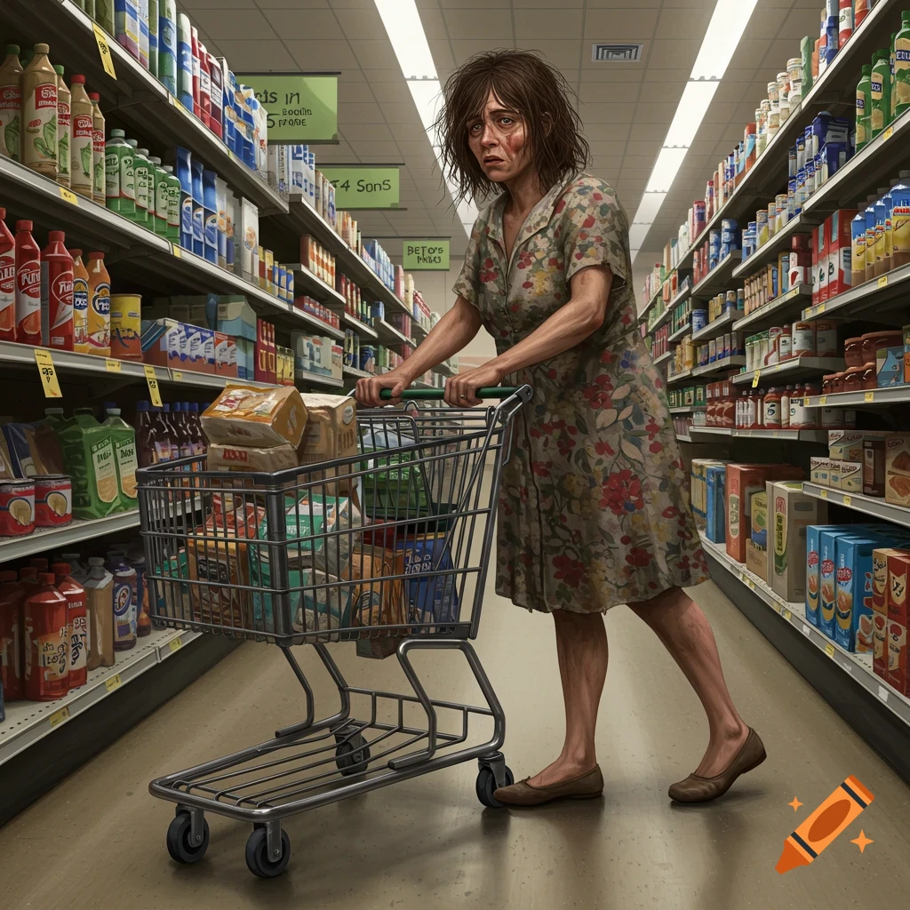 An exhausted woman is pushing a full shopping cart down a grocery store aisle.