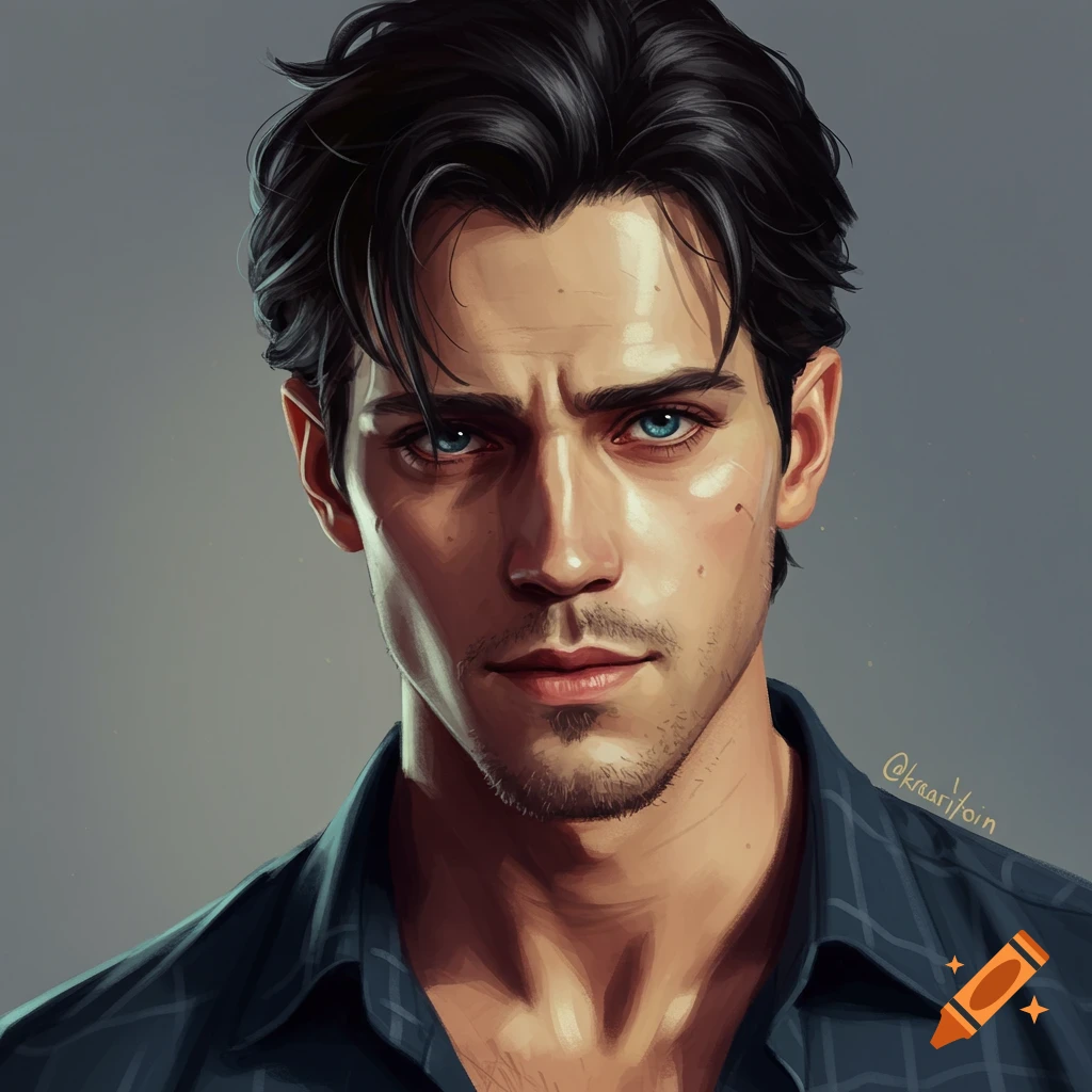 A portrait of a man with dark hair and blue eyes, wearing a plaid shirt.