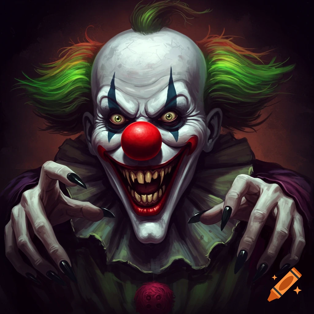 A scary clown with sharp teeth and outstretched hands