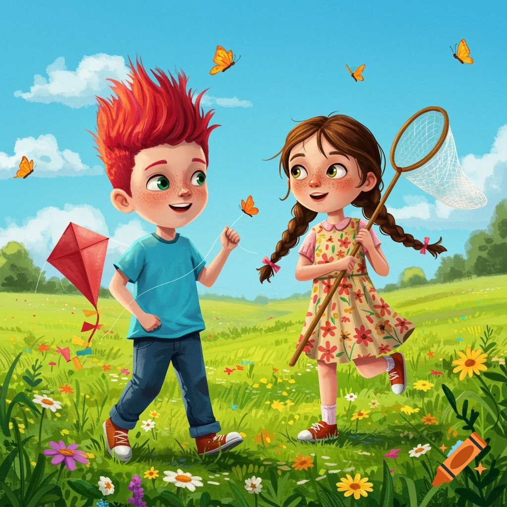 Two whimsical children, a boy with a kite and a girl with a net, playing among wildflowers and butterflies in a sunny meadow.