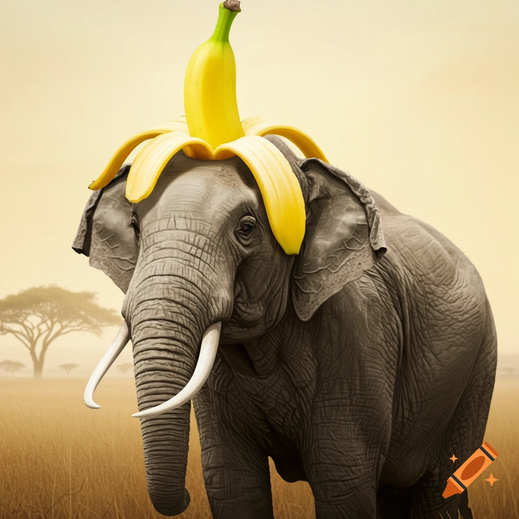 An elephant wearing a peeled banana on its head in a safari.