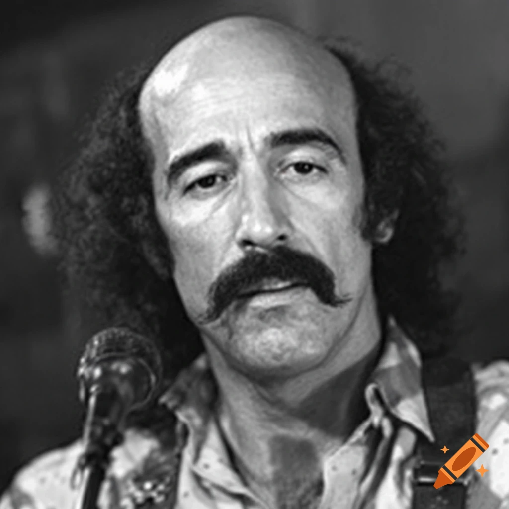 Black and white portrait of a man with a mustache holding a microphone.