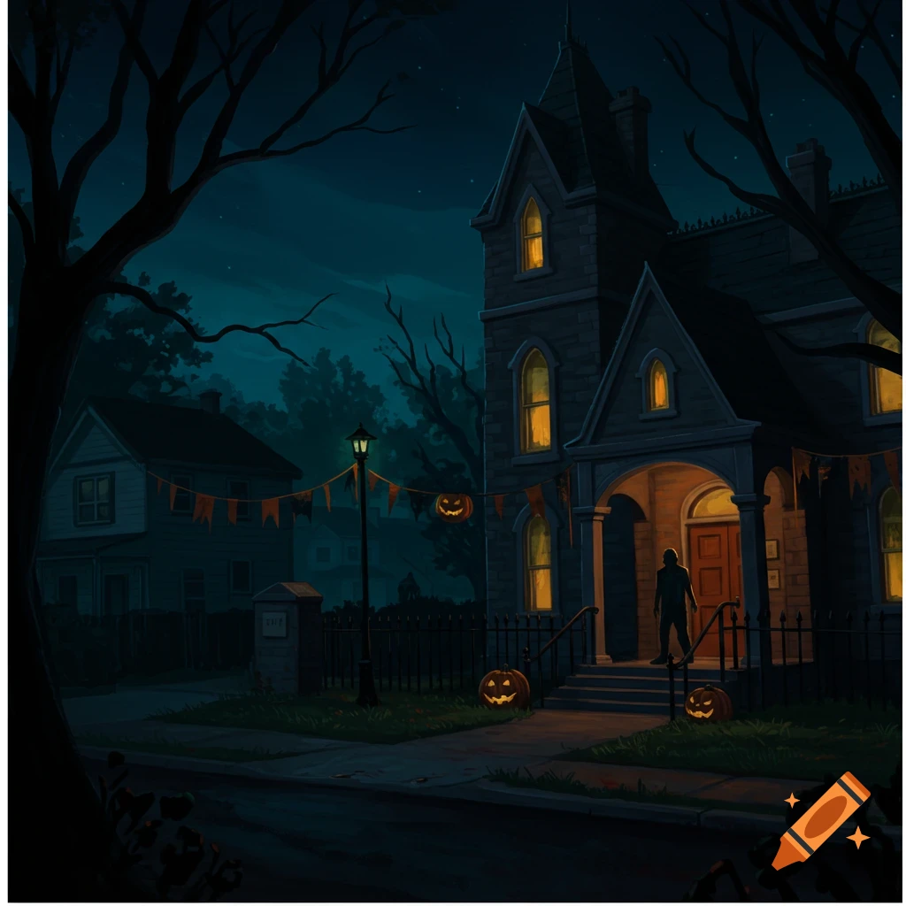 A spooky house decorated for Halloween at night, with pumpkins, banners, and a figure on the porch.
