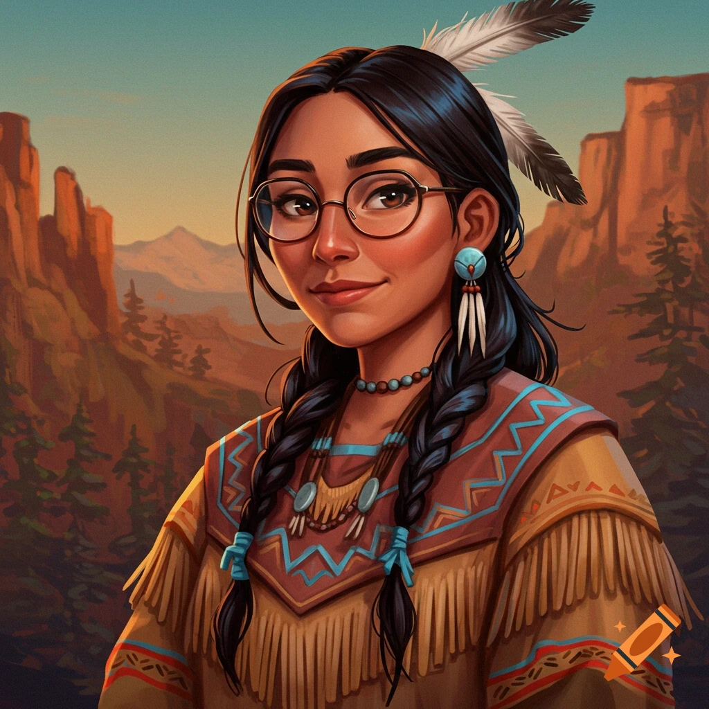 A young woman with braids and glasses wears traditional attire in a desert landscape.