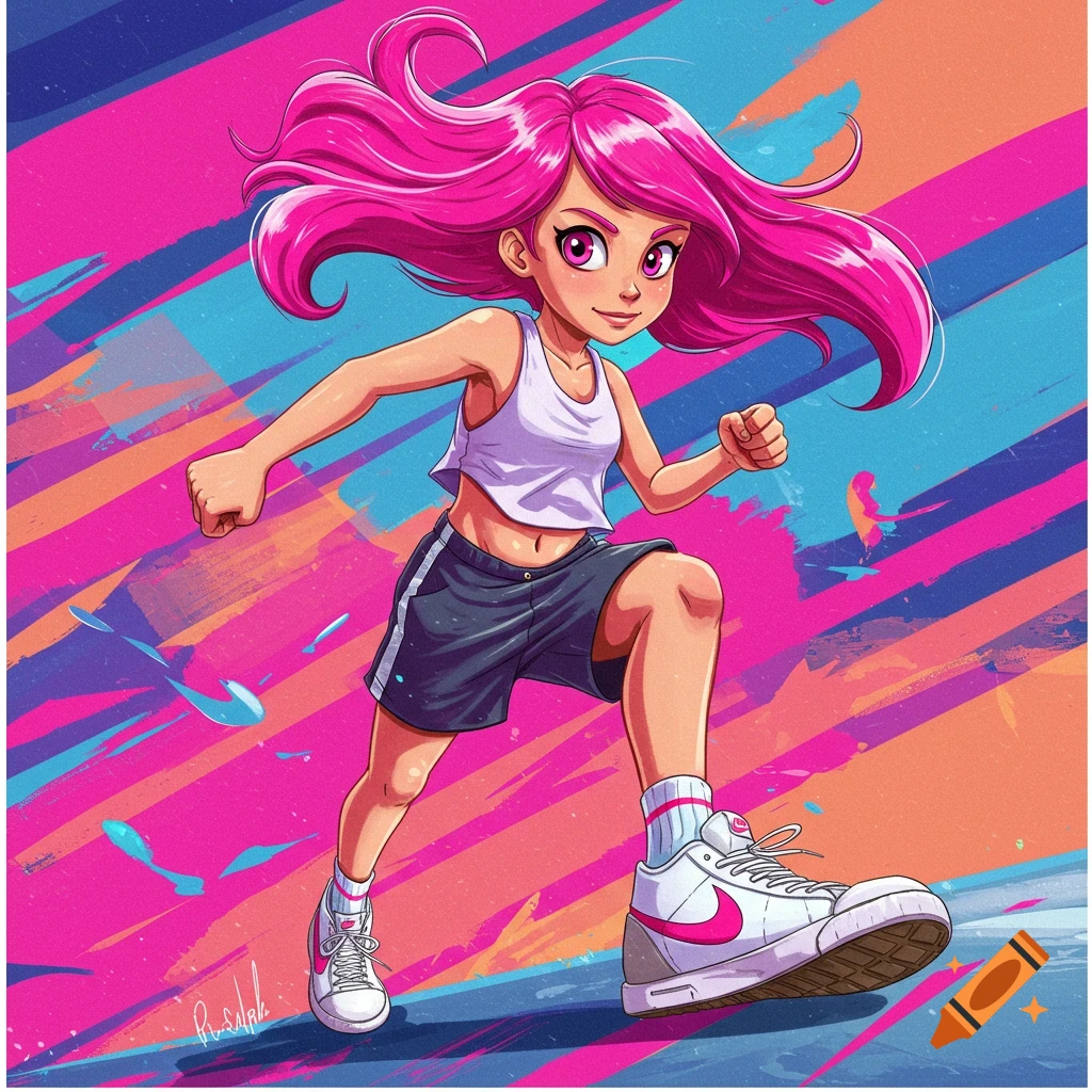 Cartoon girl with pink hair running against a vibrant, colorful background.