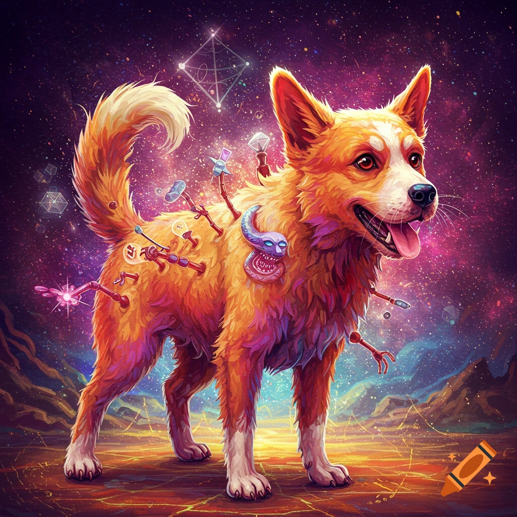An orange and white dog with strange devices attached, standing in a starry, cosmic landscape.